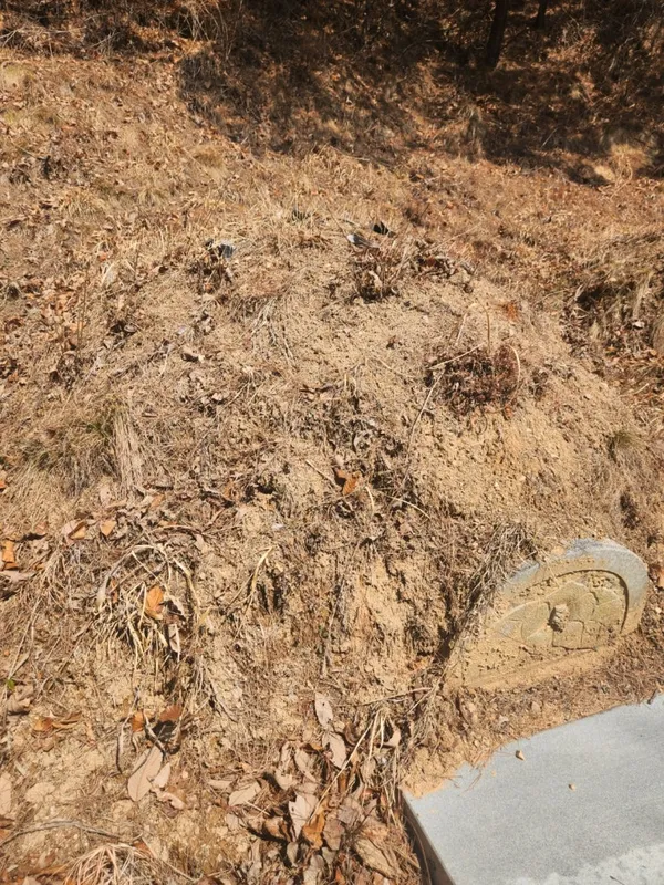 봉분 옆면과 앞쪽 석물을 가까이 찍은 사진 예시