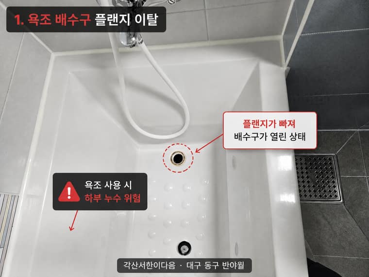 배수구 플랜지 이탈, 배수구 열린 상태